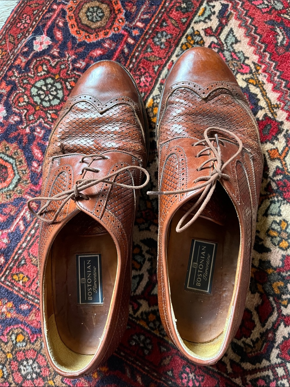 Bostonian Men's 10.5 Cognac Brown Woven Leather Wingtip Oxfords-Made in Italy